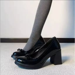 Vintage Bow Shallow Single Shoes Women Slip-On High Heels Block Heel Versatile Commuter Mary Jane Shoes