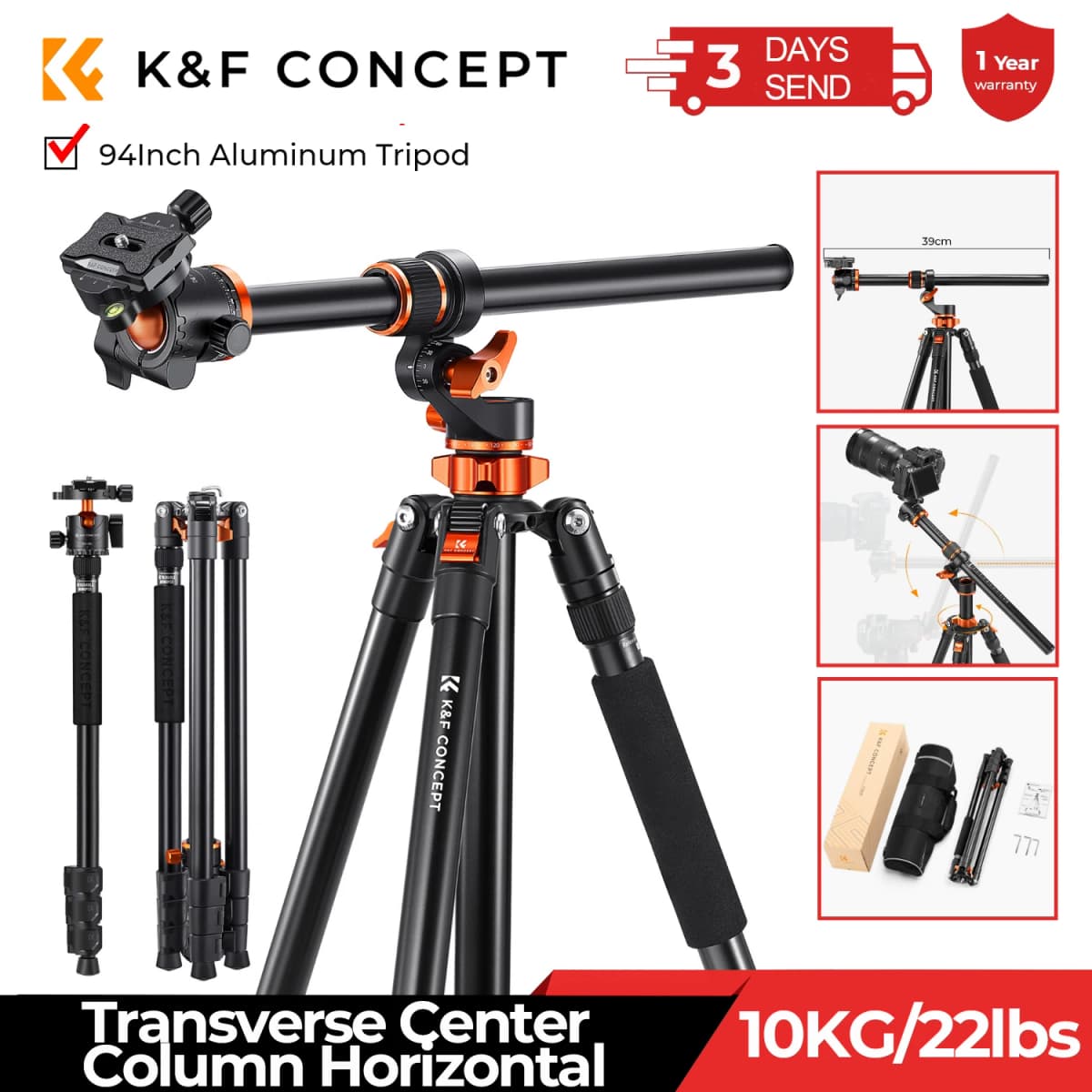 K&F CONCEPT 90 inch /2.3m Camera Aluminum Alloy Tripods Reversible Transverse Center Column Tripod Travel T254A7+BH-28L Monopod