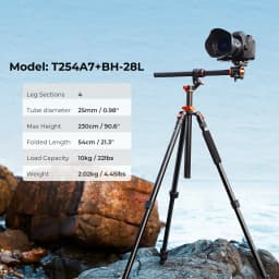 K&F CONCEPT 90 inch /2.3m Camera Aluminum Alloy Tripods Reversible Transverse Center Column Tripod Travel T254A7+BH-28L Monopod