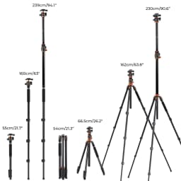 K&F CONCEPT 90 inch /2.3m Camera Aluminum Alloy Tripods Reversible Transverse Center Column Tripod Travel T254A7+BH-28L Monopod