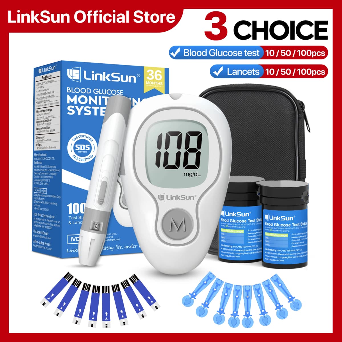 LinkSun G-425-3 Blood Glucose Meter 10/50/100pcs Test Strips Medical Diabetes Blood Sugar Test Monitor Complete Kit Glucosemeter