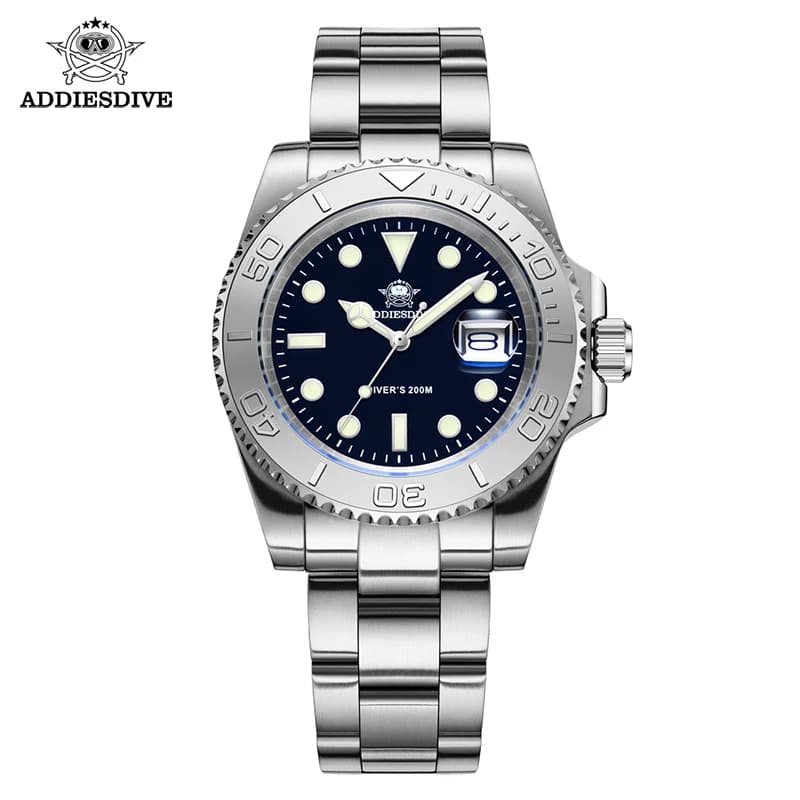 ADDIESDIVE Men's Quartz Watch 200m Waterproof Ceramic Bezel Steel Watch Magnifying Mirror Glass BGW9 Blue Luminous Diving Watch