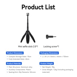 TELESIN Mini Quick Release Selfie Stick Tripod Portable Adjustable Length for GoPro Insta360 DJI Osmo Action Action Camera