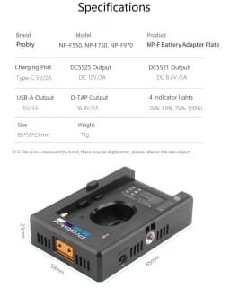 NP-F Battery Charger Battery Adapter Plate with DC12V DC8V USB-A Output Cold Shoe Adapter 1/4 Inch Screw Hole