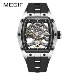 MEGIR Fashion Leisure Alloy Case Men Mechanical Watch Silicone Band Barrel Shaped Dial Luminous Pointer Design Man Wristwatch
