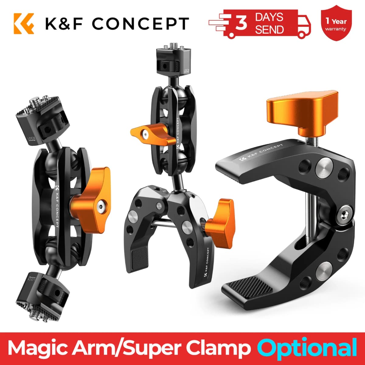 K&F CONCEPT Multi-Functional Super Clamp with Double 360° Ball Head Magic Arm For GoPro Insta360 DJI OSMO Aciton Camera Phone