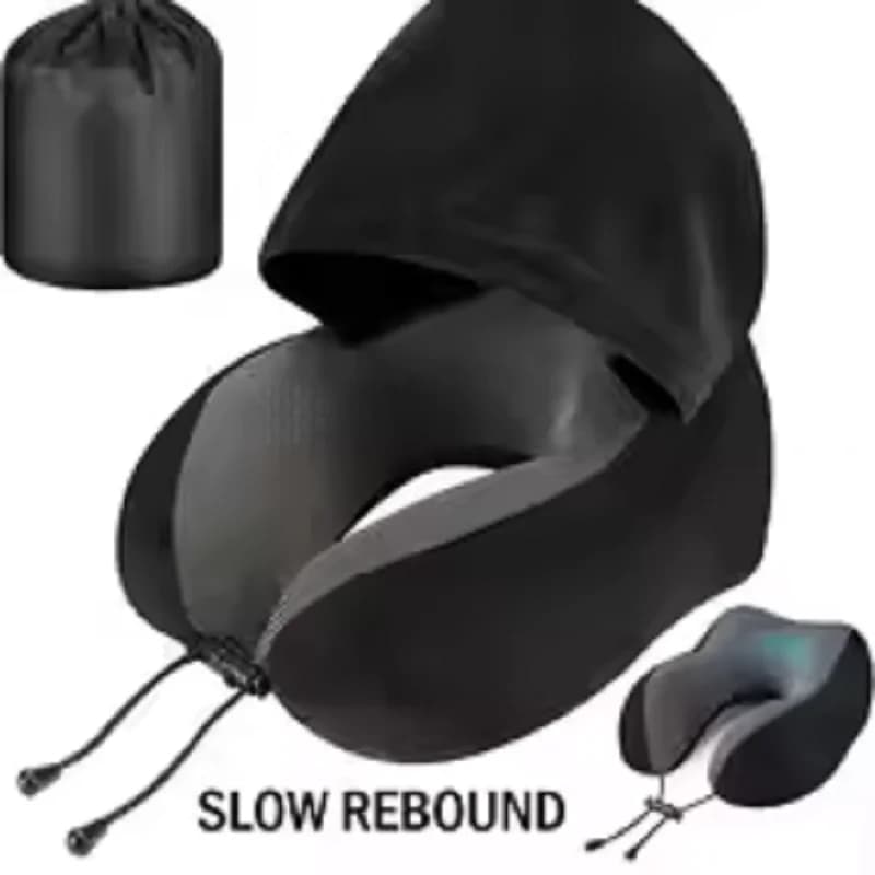 Hooded Memory Foam Travel Neck Pillow, Soft Milk Velvet U-Shaped Neck Support Cushion with Storage Bag for Airplane Car Trip