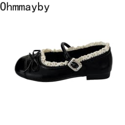 Spring Lace Women Flats Mary Jane Shoes Round Toe Shallow Ladies Casual Ballet Style Shoes Soft Leather Eelgant Dress Shoes