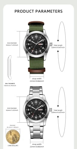 2026 Men's 42mm Watch Glow in the Dark Luminous Dial Day Date Green Canvas Strap 30M Water Proof Field Watch Khaki Strap