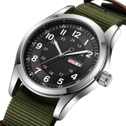 2026 Men's 42mm Watch Glow in the Dark Luminous Dial Day Date Green Canvas Strap 30M Water Proof Field Watch Khaki Strap