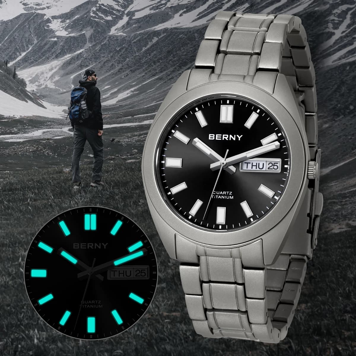 BERNY Titanium Watch for Men Supper Light Weight Wristwatch Super Luminous Sapphire 10ATM Waterproof Sport Field Quartz Watches