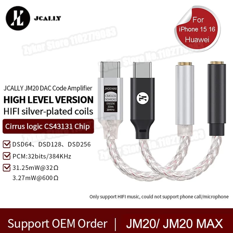 JCALLY JM20 Max CS43131 Type C to 3.5mm HiFi DAC JM20 Digital Audio Decoding USB C Earphone AMP Adapter for Android iPhone 15 16