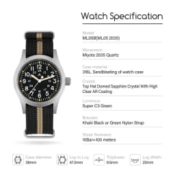 Militado ML05 38mm Military Watch Miyota 2035 Movement Domed Sapphire Crystal C3 Green Luminous 10Bar Waterproof Vintage Watches