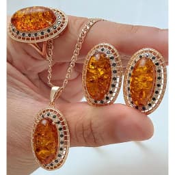Kinel Hot Oval Amber Ring Earrings Necklace for Women Fashion 585 Rose Gold Color Natural Zircon Accessories Vintage Jewelry Set