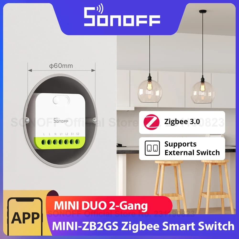 SONOFF MINI DUO 2-Gang Zigbee Smart Switch MINI-ZB2GS Small & Safe Dual-Load Control Supports External Switch Require zigbee hub