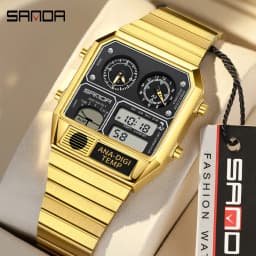 SANDA Electronic Watch Men Square Steel Band Digital Wristwatch Temperature Measurement Stopwatch Timing Multifunctional Watch