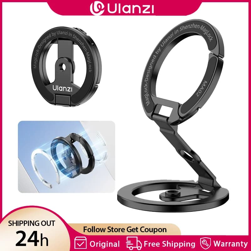 Ulanzi MA02 MagLock Dual Magnetic Phone Stand Foldable Magsafe Phone Holder with 1/4" Screw for Iphone 16 15 Android Phone Vlog
