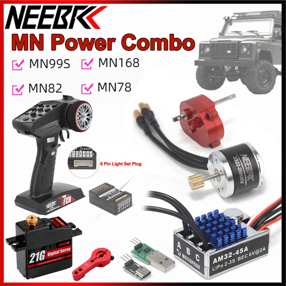 Power Combo 2322 2600KV Brushless Motor Metal Gear Box AM32 45A ESC 7CH Transmitter 21G Servo for RC Car MN82 MN78 MN168 MN99