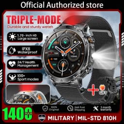 2026 New Outdoors Military 1400mAh Battery Smart Watch Men IP69K Waterproof LED Flashlight Heart Rate Sports Tracker Smartwatchs