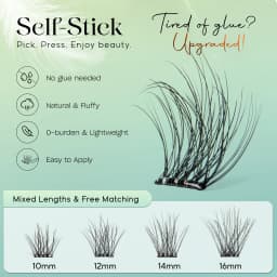 VYRILA Self Adhesive Eyelashes No Glue Needed Lashes 10‑16mm Pre Glued Cluster Lashes D Curl Soft Natural Press on Lashes