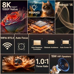 Magcubic HY350Max 900ANSI Android 14 Auto FocusProjector Support 8K Native 1080P with Wifi6 BT5.4 16G Allwinner H726 Portable