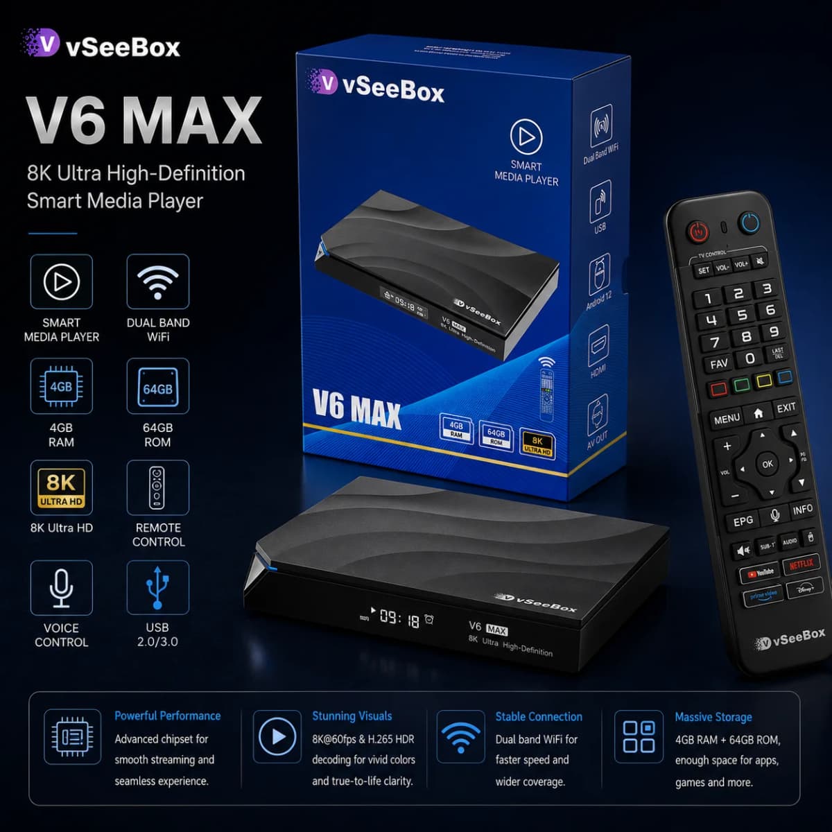 Vseebox V6 Max, 4GB+64GB, Vsee Box Time Shift with Parental Control, 6K Ultra HD
