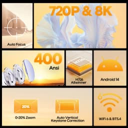 Magcubic Auto Focus Android 14 4K Projector 400ANSI 8K Native 720P HY300Max With Wifi6 BT5.4 Allwinner H726 Portable Outdoor