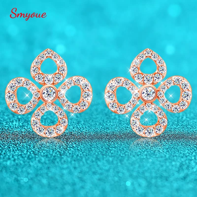 Smyoue Flower All Moissanite Stud Earrings for Women Full Diamond Round Cut Sparkling Girls Jewelry Pure 925 Silver Plated 18k