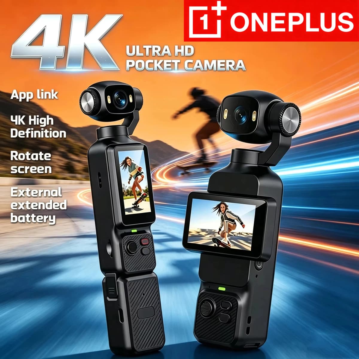 OnePlus 8K Handheld Action Camera 180°Rotatable Lens Electronic Anti-shake Pocket Vlog Camera with Fill Light for Outdoor Sports