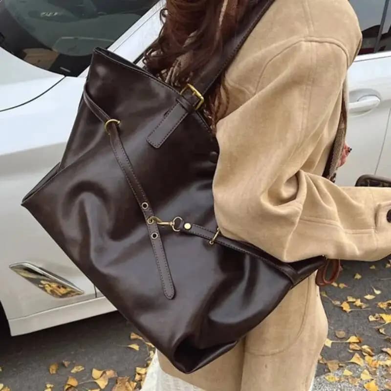 Brown Large Capacity Vintage Tote Bag Metal Buckle Decor Casual Shoulder Bags Versatile Commuter Handbag Women's Elagant Bag