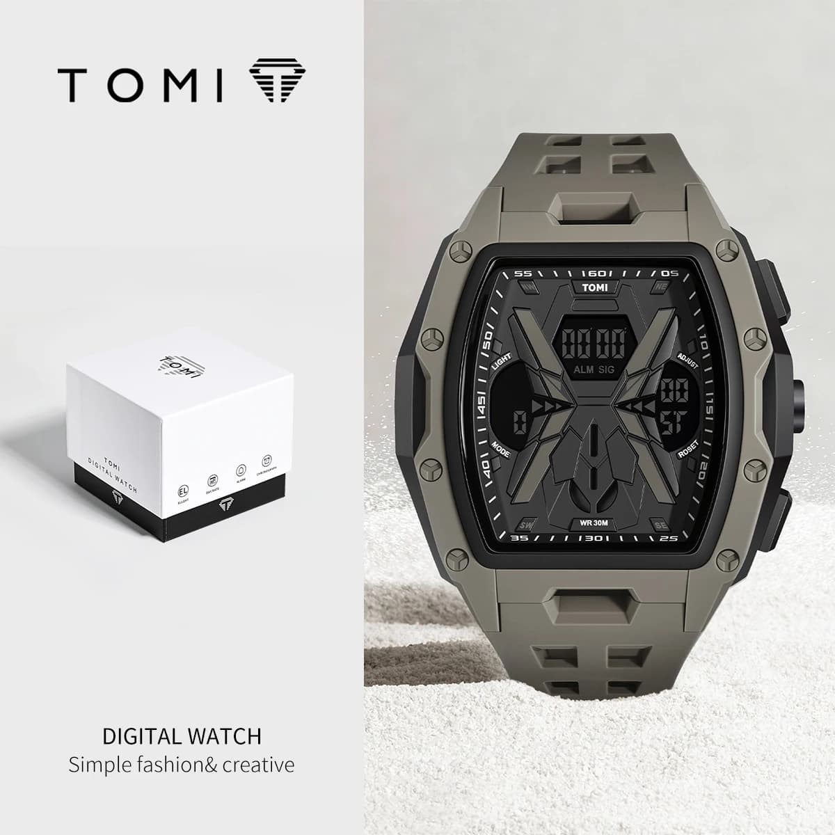 TOMI Men's Sports Mecha Style Watch Digital Electronic Watch, Backlight Alarm Stopwatch, Hollow Breathable Silicone Watch