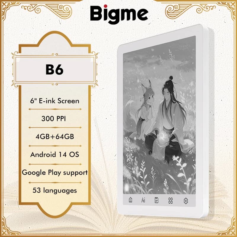 Bigme B6 Ebook Reader, 6'' B&W E-Ink Screen Electronic Book, 300PPI HD Display E-Reader, Android 14 OS, 4+64GB Paper-Like E-Book