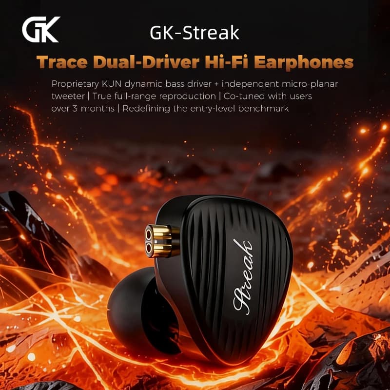 GK STREAK Earphones New-Generation Upgraded Dynamic Driver Unit + Microplate Tweeter Unit Metal Headphone