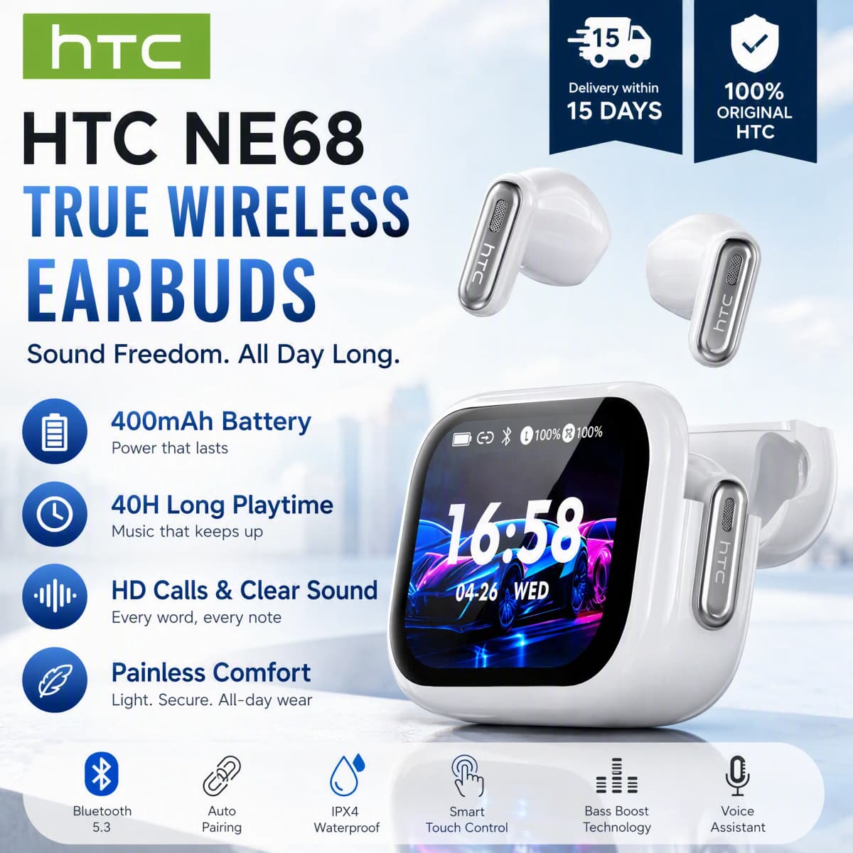 HTC NE68 TWS Wireless Earbuds Bluetooth 5.3 ENC Noise Cancelling LED Digital Display Open Ear Clip Bluetooth Earphones