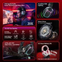 QCY Gaming Headset Heroad GT2 THX Spatial Audio+ 7.1.4 Tri-mode RGB 3-Mic ENC Over Ear Headphone for PC/PS4/PS5 Headset Gamer
