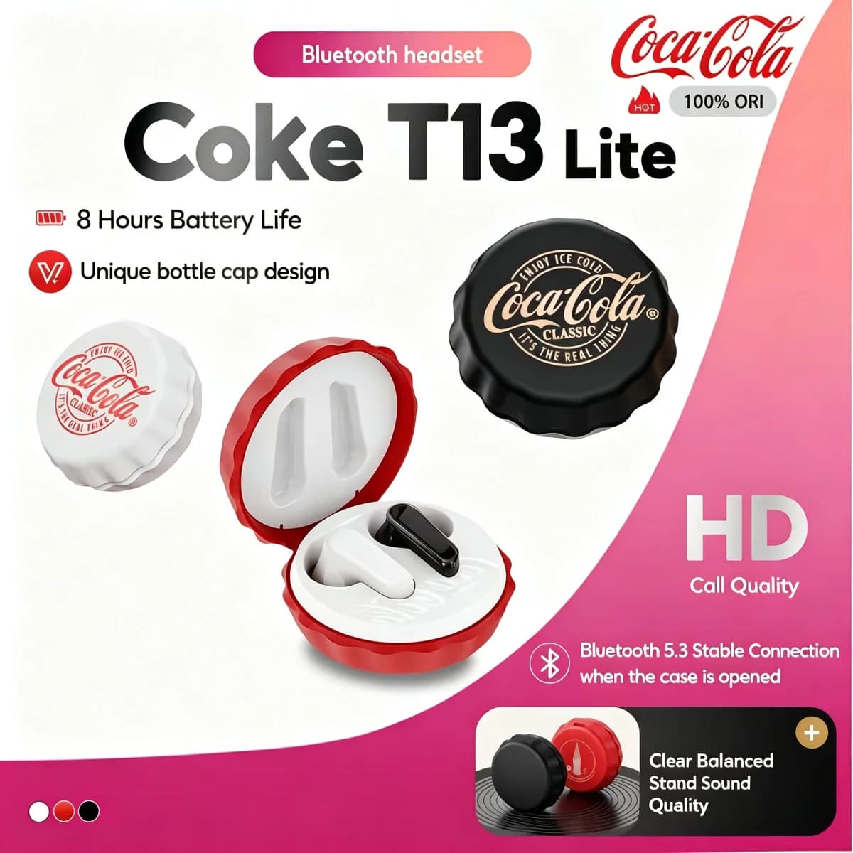 Coca-Cola T13lite Wireless Earbuds Bluetooth 5.4 TWS Earphones Noise Cancelling Sport Headphones 15H Playtime Bottle Cap Design