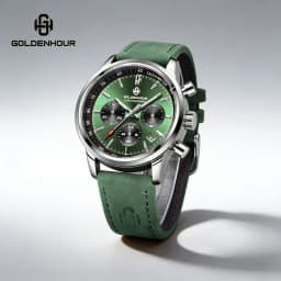 Men's Luxury Watch GOLDENHOUR Green Chronograph Quartz Leather Waterproof Luminous Military Sport Wristwatch Relogio Masculino