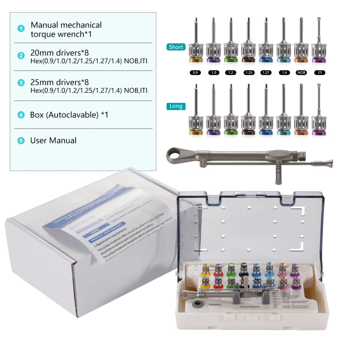 Dental Universal Implant Kit Driver Abutment Hand Hex Screw driver Long+Short drivers ProstheticTorque Wrench Kit