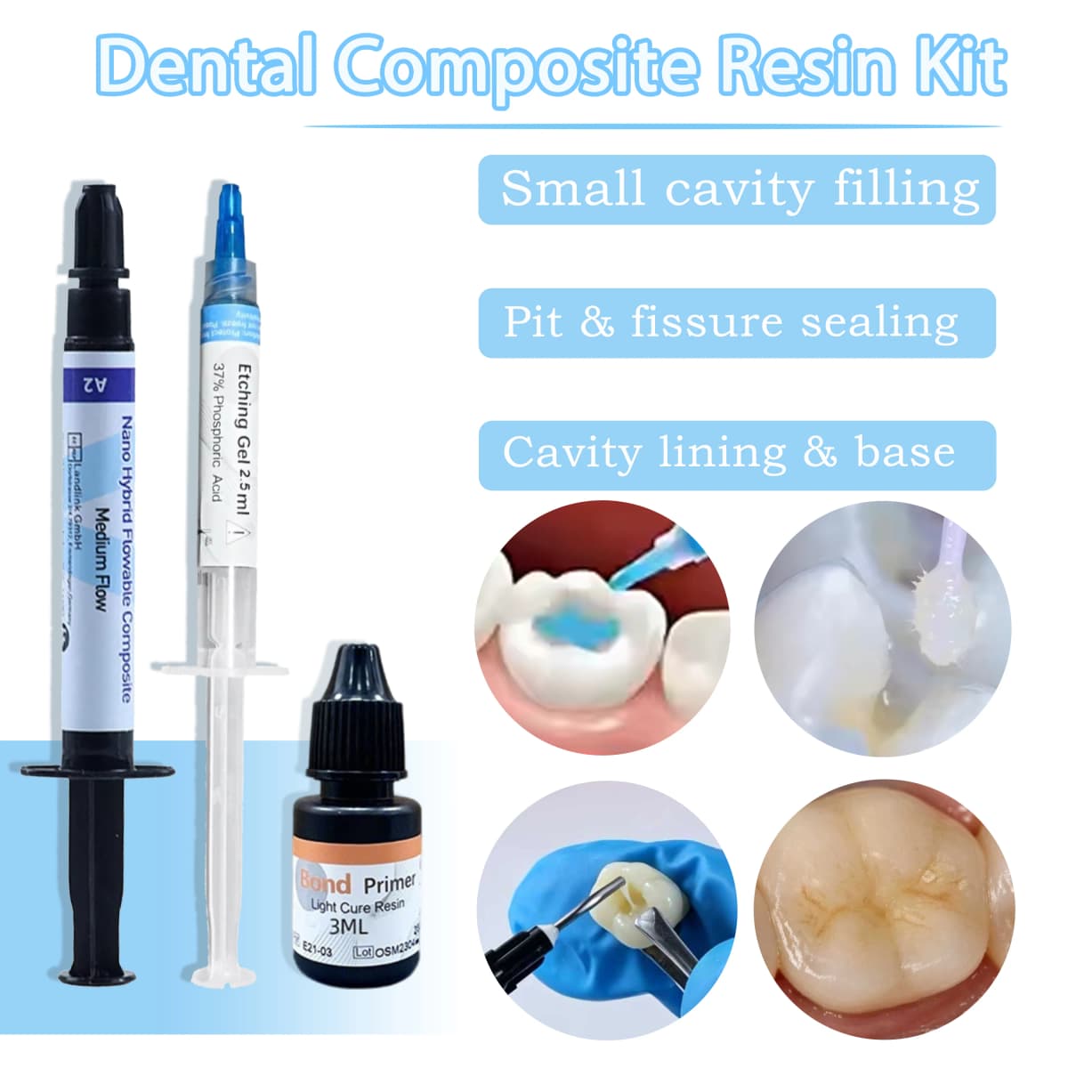 Dental Light-Curable Flowable Composite Resin Kit A1 A2 A3 with Etch Gel Bond Prime for Oral Filling Restoration