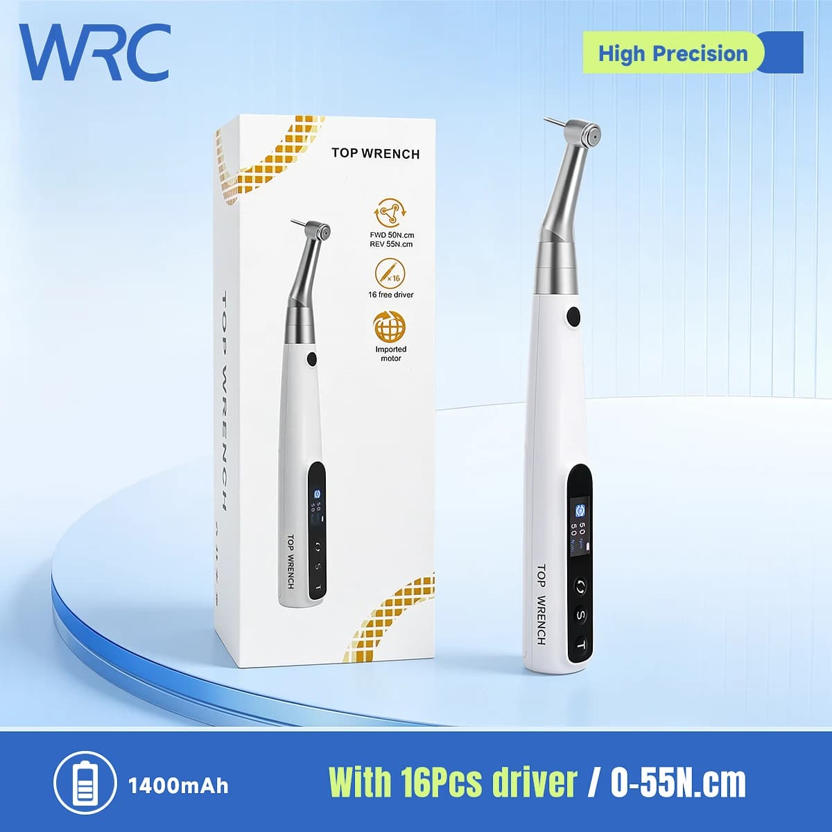 Wireless Dental Implant Electric Torque Wrench 360° Rotatable Autoclavable Contra Angle 10-50N.cm TFT Screen 16 Driver Bits For