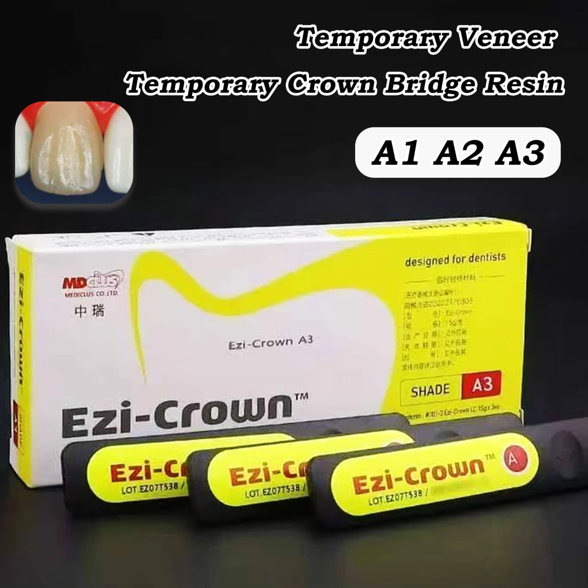 Dental Ezi-Crown Light Cured Temporary Crown & Bridge Resin Dental Material for Veneer/Inlay/Onlay A1/A2/A3