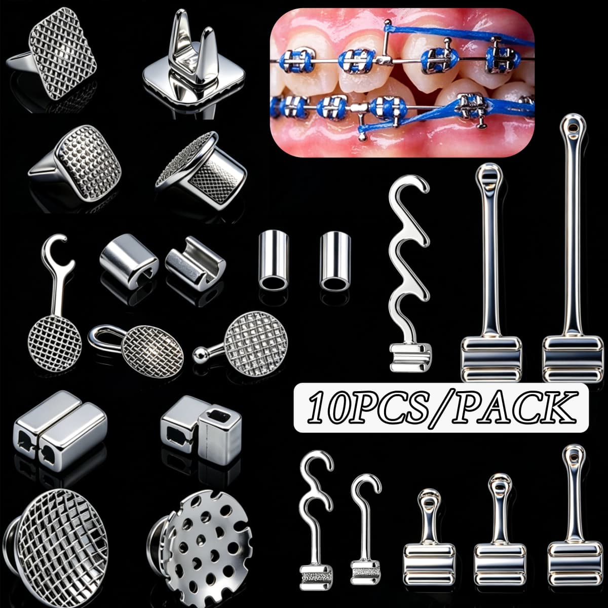 10pcs Dental Orthodontic Crimpable Hook - Lingual Button Long Curved Hooks Mesh Base Bondable Right/Left