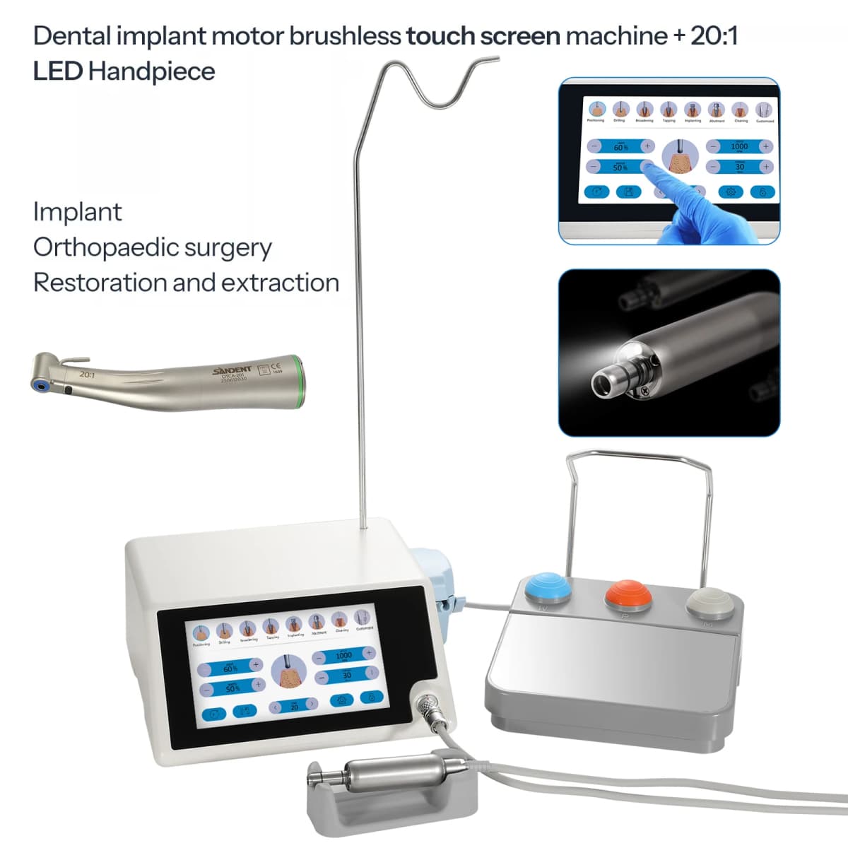 SANDENT Dental Implant Motor Brushless Surgical System Touch Screen Machine With 20:1 Contra Angle LED Fiber Optic Handpiece