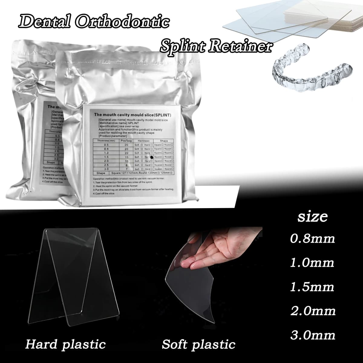 Dental Vacuum Forming Sheets Hard Soft Orthodontic Retainer Slice Square0.8/1.0/1.5/2.0/3.0mm Lab Splint Thermoforming Materials