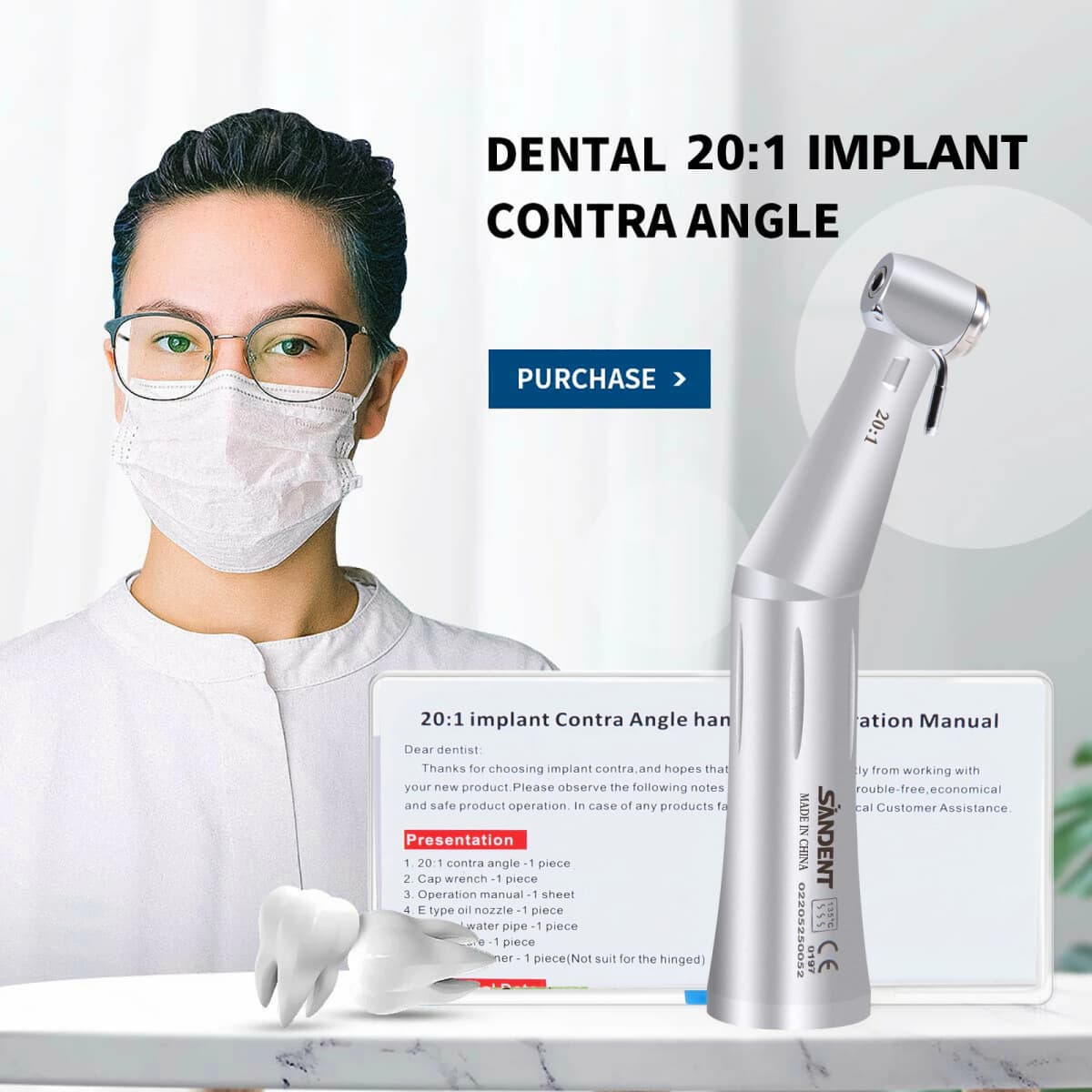 Dental 20:1 Contra Angle Push Button Low Speed NS Handpiece Double Water System Irrigation fit N-S-K for Dentist Implant