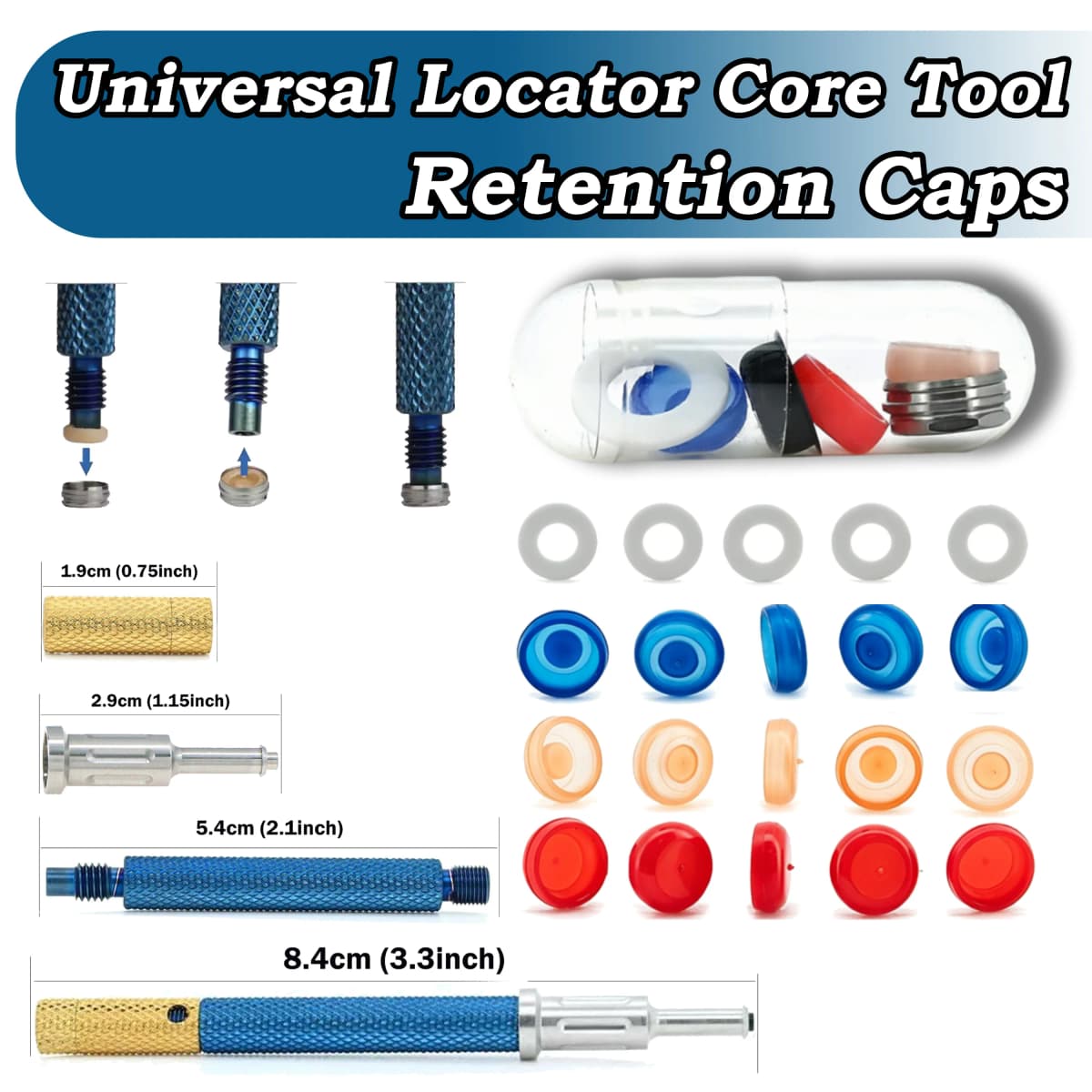Universal Locator Core Tool & Retention Caps Kit for Implant-Supported Overdenture Abutment Attachment