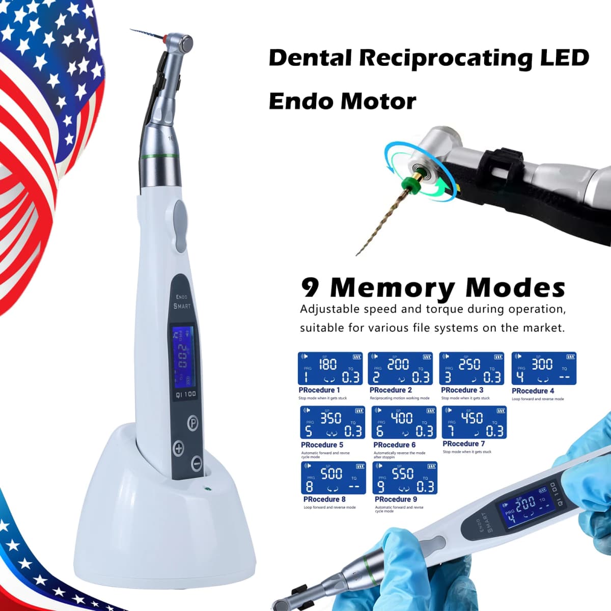 SANDENT Wireless Dental Endodontic Cordless LED Endo Motor 16:1 Contra Angle Handpiece with 9 Program Modes & Reciprocating