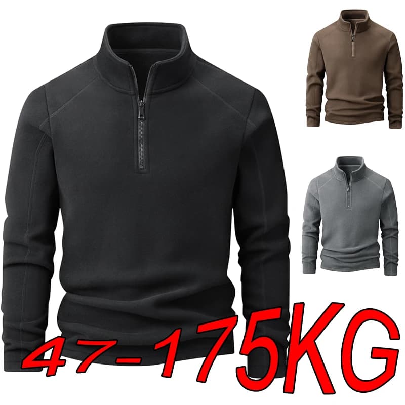 Plus Velvet Sweater Men's L-9XL Large Size Winter Polar Fleece Stand-up Collar Half-zipper Long-sleeved Solid Color Coat Promo