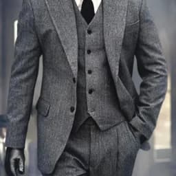 3 Pieces Men's Grey Herringbone Suits Formal Slim Fit Peak Lapel Tweed Prom Tuxedos For Wedding Groomsmen (Blazer+Vest+Pants)