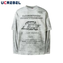 Letter Print Double-sided Printed T-shirt Mens High Street Washed Loose Cotton Tee Men Long Sleeve Crew Neck Tee Men